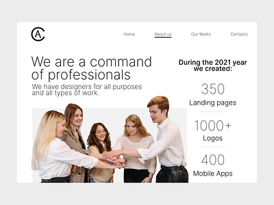 Landing page: CA Creative agency (Page: About us) PID: cacray 2d agency branding cacray concept creative creativeagency design illustration landing logo minima neutral theme typography ui ux vector