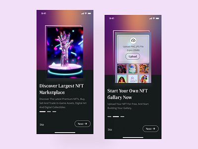 NFT Onboarding screens animation app design blockchain crypto designer figma figmadesign freelancer graphic design mobile app motion graphics nft nft app nft onboarding screen onboarding screens ui welcome screen