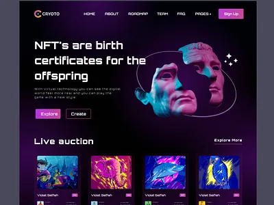 Crypto NFT Landing Page bitcoin crypto currency dark design digital art exploration landing page marketplace nft nft art nft coin nft project nft website token ui design ui ux design user interface web ui website