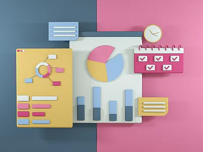 3D Data Chart Illustration 3d 3d art 3d designer 3d illustration 3ddesign art calendar cinema 4d clock colours data chart illustration design flat graphic design massege pink scene ui yellow