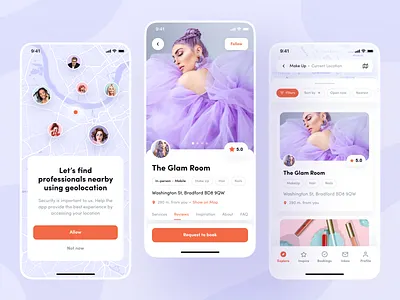 Readyhubb. App to book beauty services nearby app beauty design figma graphic design interaction ios likes logo map mobile new popular professionals team top typography ui uiux ux