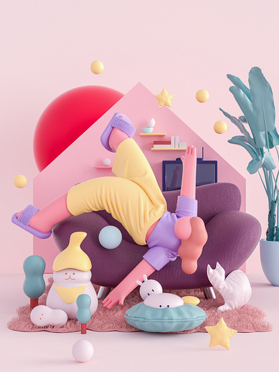 3D and Illustration - My Home 3d c4d color creative design family figure home illustration ip marvelous designer mascot role 三维