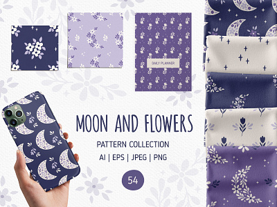 Moon&Flowers Pattern Collection design digital paper floral floral moon flower pattern flowers hand drawn illustration magic moon print seamless pattern surface design vector