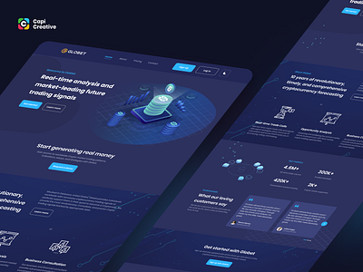 Globet - Landing Page UI/UX Design blockchain capi creative crypto dark design hi tech invest landing page neon responsive stock trading ui web web design