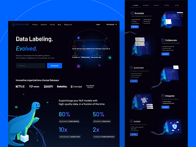 Datasaur.ai - Website Design 3d animation artificial intelligence blue clean dark datasaur design figma fresh graphic design illustration motion graphics nlp product design startup ui ux website website design