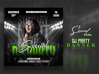 Dj club party social media banner design template psd. @dj party banner @djparty bannerdesign djparty flyer effect graphic design musicposter nightclub nightclubpartyflyer partyflyer socialmediabanner webbanner
