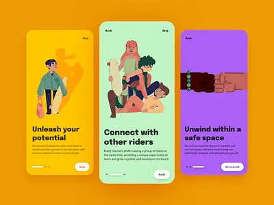 Longboard teachers | Daily UI Challenge 023 (Onboarding) app dailyui design graphic design illustration longboard mobile onboarding skate slides tutorial ui values