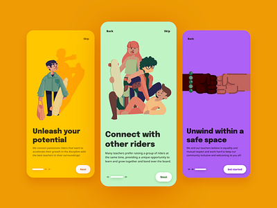 Longboard teachers | Daily UI Challenge 023 (Onboarding) app dailyui design graphic design illustration longboard mobile onboarding skate slides tutorial ui values