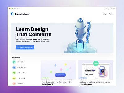Conversion Design 3d articles blog design directory landing landing page newsletter rocket web webflow website