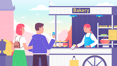 Bakery & Wireless Payment baker bakery cashless character couple design food graphic design illustration nfc pay payment people phone shopping street street food terminal vector wireless