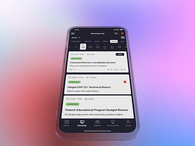 Meetings List 2d 3d app clear concept dailyui design figma flat glass gradient icon ios minimal mockup rotato soft ui uiux