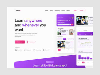 Learnz - Learning App Landing Page above the fold app branding design home home page home screen landing page learn learnz light light mode mobile app landing page purple ui ui design ui ux uiux website