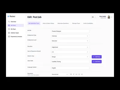 Rezieo™ - Web App for On-Demand Video Interviews app application branding clean dashboard dashboard design design product design purple saas simple typography ui user interface ux uxui web app webdesign