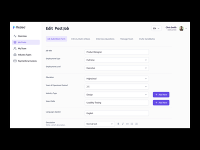 Rezieo™ - Web App for On-Demand Video Interviews app application branding clean dashboard dashboard design design product design purple saas simple typography ui user interface ux uxui web app webdesign