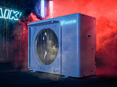 Daikin Hvac Rendering 3d 3d modeling ac appliance art c4d color cyperpunk design gradient hvac lighting neon octane render smoke vdb vibe warehouse wind