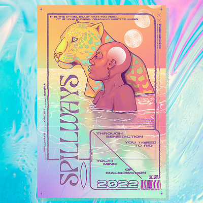 Spillways by Ghost Poster album animal colorful digital drawing illustration leopard music poster rainbow retro surreal typography vaporwave water