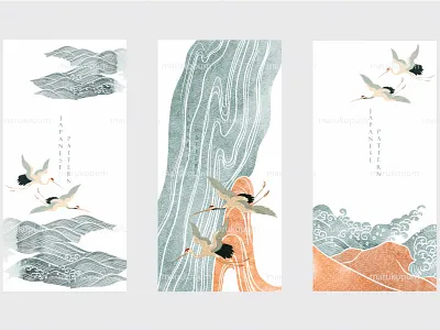 Wave pattern with crane birds illustration. abstract background banner card design crane birds design hand drawn wave illustration invitation japanese logo ocean sea pattern ui vector watercolor texture