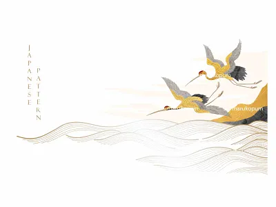 Crane bird decoration vector with Ocean sea banner design abstract asian background banner black and white china crane birds design gold texture hand drawn wave illustration japanese logo mountain landscape oriental pattern traditional ui vector