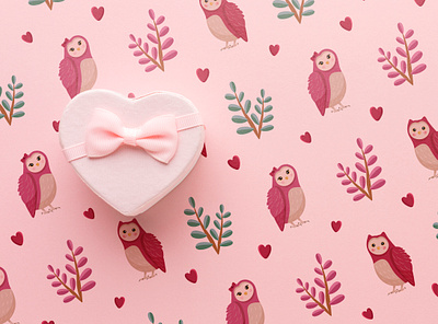 Pattern with owls for Valentine's day design graphic design heart illustration logo love mockup owls valentines day vector wrapping paper