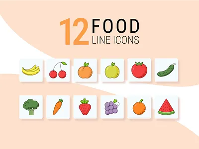 12 food line icons adobe illustrator apple banana carrot cherry cucumber design food grapes graphic design healthy icons illustration line icons orange peach strawberry tomato vector watermelon