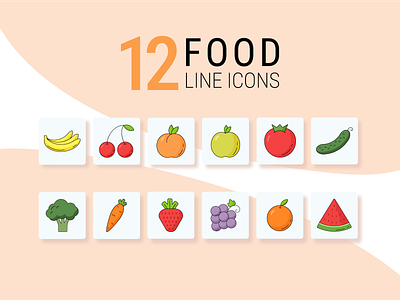 12 food line icons adobe illustrator apple banana carrot cherry cucumber design food grapes graphic design healthy icons illustration line icons orange peach strawberry tomato vector watermelon