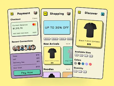 Online clothing store app clothing design mobile neubrutalism typography ui