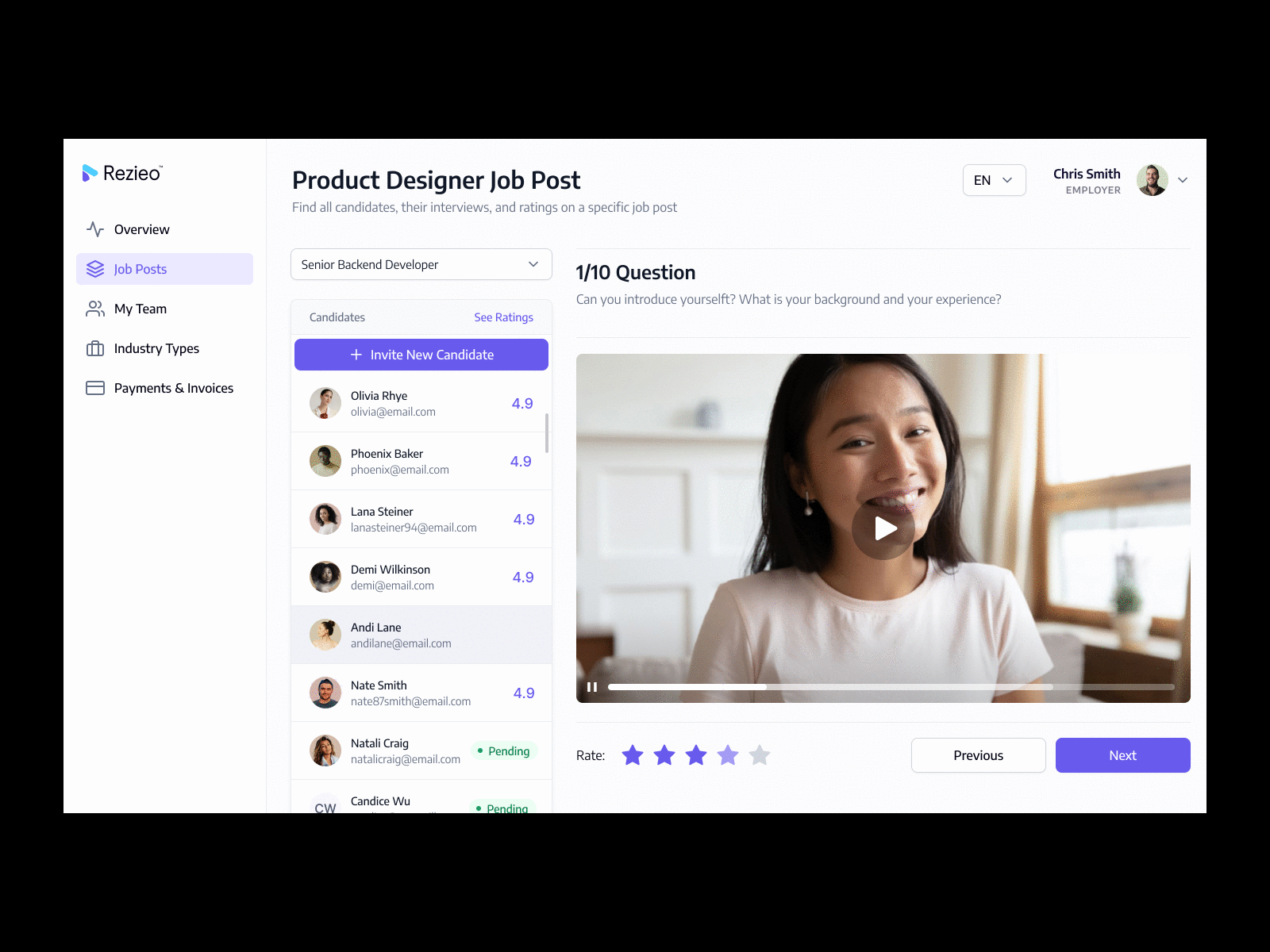 Rezieo™ - Web-app for On-Demand Video Interviews app application branding clean dashboard design purple saas typography ui user interface web app webdesign