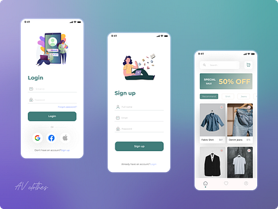 AV clothes - Shopping App androidapp appdesign clothesapp dailyui figma homescreen iosapp login loginpage prototype shopping shoppingapp signup signuppage ui uidesign uiux ux wireframing xd