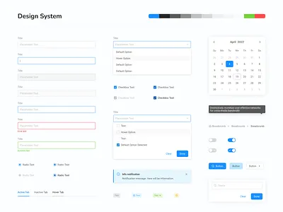 Design System - Inputs, selects & information blocks app design blue breadcrumb calendar checkbox clean date picker design system dropdown folder forms radio button search switches tags tooltip web app