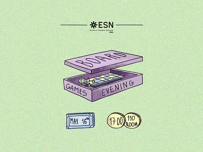 a poster for a board games event board games esn event flyer graphic design illustration infographics party poster social media design