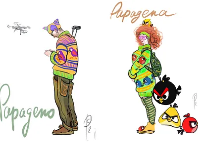 Sweet couple - Papageno and Papagena art design digital fashion illustration magicflute mozart opera sketch theater