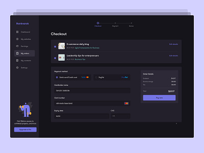 Checkout page akhil sunny analytics app asish sunny check out clean dark mode dark theme dark ui dashboard design minimal pixalchemy product seo trending ui uiux ux