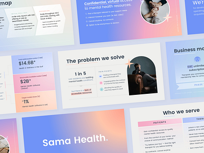 Mental Health Pitch Deck: Sama Health branding gradient investment investor presentation logo mental health mental health app mobile app mobile mental health pastel pitch deck powerpoint presentation slide deck slides startup therapy wellness wellness pitch deck wellness startup