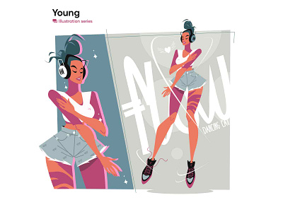 Girl dancing in headphones illustration character dance flat girl headphones illustration kit8 music style vector woman