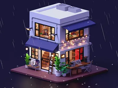 Mount Zero bookstore 3d 3d illustration animation blender bookstore cozy cycles hongkong illustration isometric lighting lowpoly modeling rain render