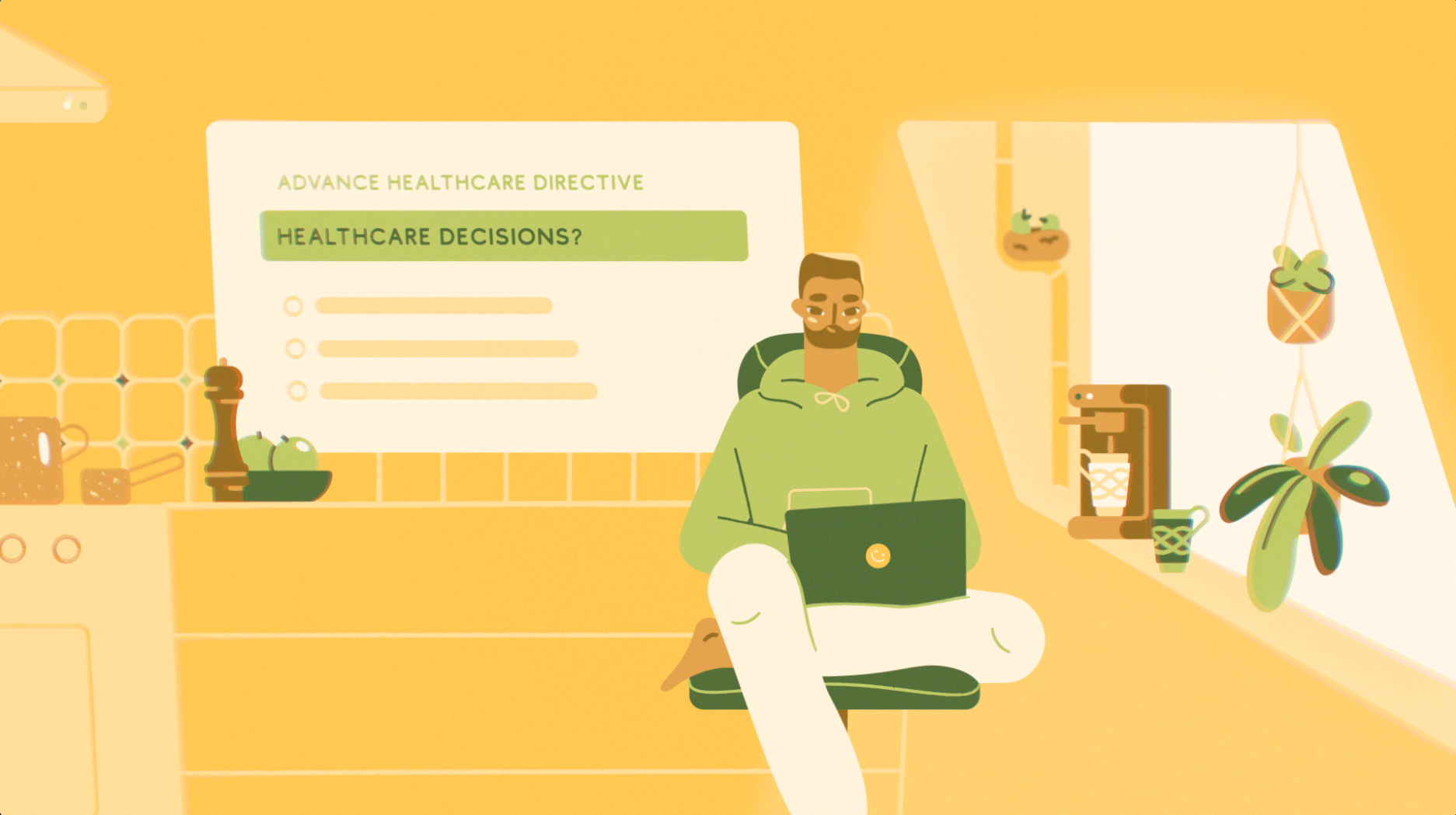 Questionnaire character design coffee computer cooking decor display explainer video head sup display illustration kitchen laptop man morning sitting texture typing