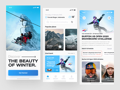 Winter Travel Mobile App advanture app clean design destination explore inspiration mobile skiing snow snowboarding sport travel travel agency travelling trip ui ux vacation app winter