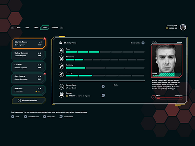 Team Management Game UI animation cyber futuristic game motion design motion graphics team management ui user experience user interface