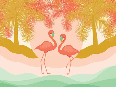 Flamingos Chilling adobe illustrator beach birds boho chilling elivera designs exotic birds flamingo illustration ocean palm trees poster sea summer tropical vector vector art wall art water waves