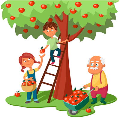 Grandfather with Grandchildren Picking Apples cartoon harvesting illustration kids vector