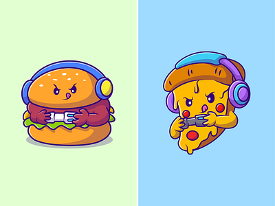Fast Food Gaming🍔🎮🍕 burger character cute earphone eat face fast food food game gaming headphone icon illustration logo mascot meal pizza playstation snack stick