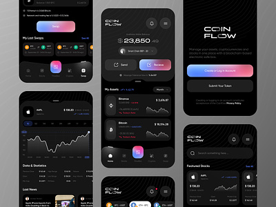 Coin Flow - Crypto and Stocks App application assets banking blockchain app coins crypto crypto swap cryptocurrency decentralized deposit dex fintech gradient mobile app qclay shares stocks stocks market swap token