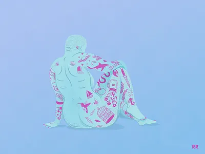 Tattoos by Proxy art bald bodies body hair design figure illustration illustrator minimal periwinkle shaved head sitting skulls sleeve snakes tattoo sleeve tattoos vector