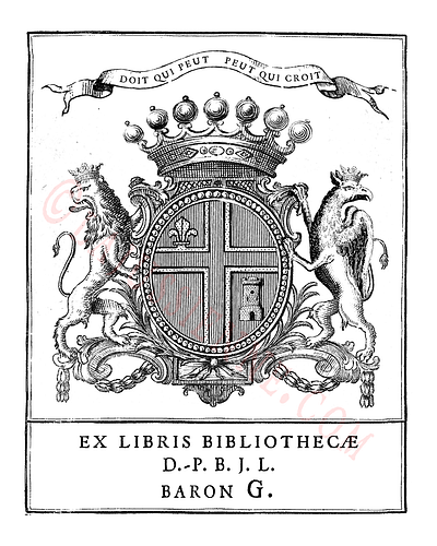 Ex-libris héraldique dans le goût de la fin du XVIIème siècle bookplate devise ex libris heraldic heraldry