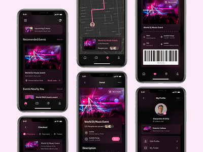 Event App Concept app art booking concert conference dark dark ui dsign event event app festival ios mobile mobile app mobile event app music ticcket ticket booking ui ux