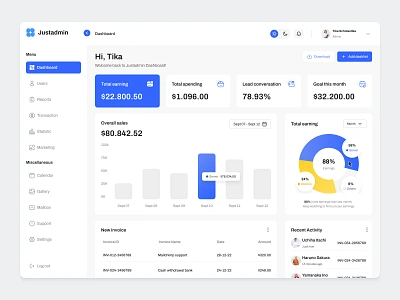 Justadmin - Admin Finance Dashboard accounting admin admin panel analytics animation b2b back office chart dashboard dashboardui data finance graphs insight motion graphics platform product design saas stats webapp