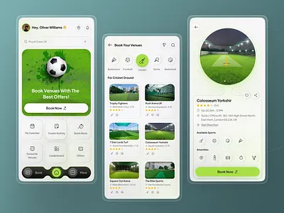 Sports Venue Booking App appdesign basketball booking bookingplace cards cricket experience football ground minimaldesign mobile app mobileapp navigationbar schedule sport sportapp sporticon tabbar uiux userexperience