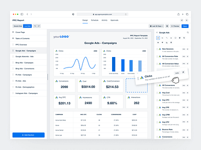Drag and Drop Report Editor analytics charts clean dashboard design drag and drop inspiration product design report editor reports ui ux web app widgets