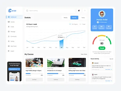 Corze - Online Course Dashboard clean course dashboard design flat forum gpa graph illustration learn logo profile statistic ui user interface ux