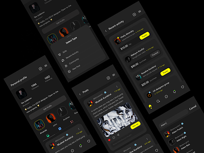 Mobile app for artists activity app for artists art art works artist artists creators crypto dark ui dashboard feed interface mobile app mobile dashboard mobile nft mobile ui nft nft app posts profile